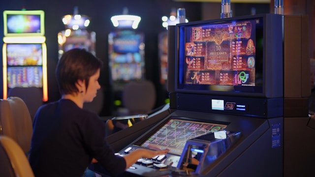 A photo of someone playing a slot machine.