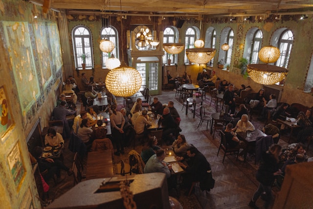 A overhead photo of a pub with many people inside.